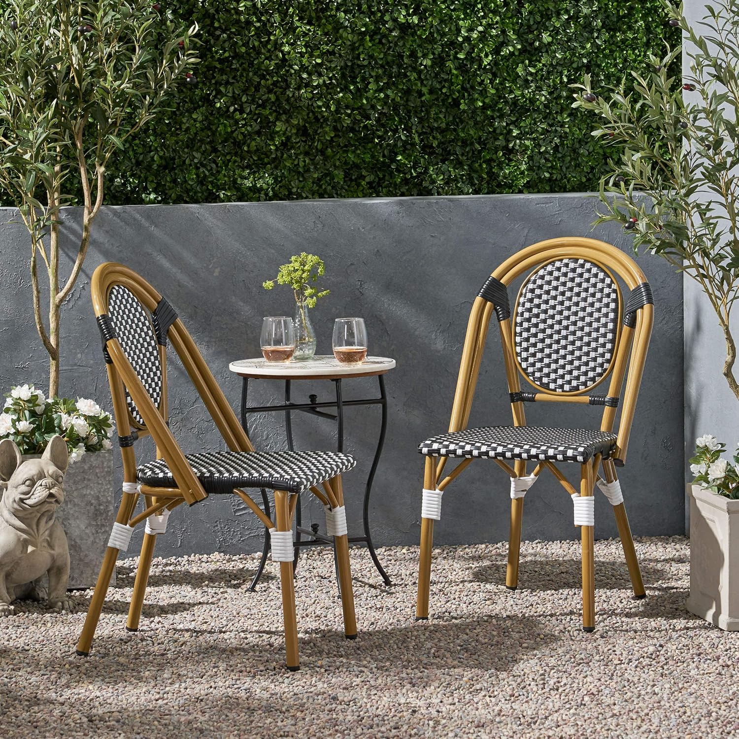 Christopher Knight Home Anastasia Outdoor French Bistro Chair (Set of 2), Black + White + Bamboo Print Finish
