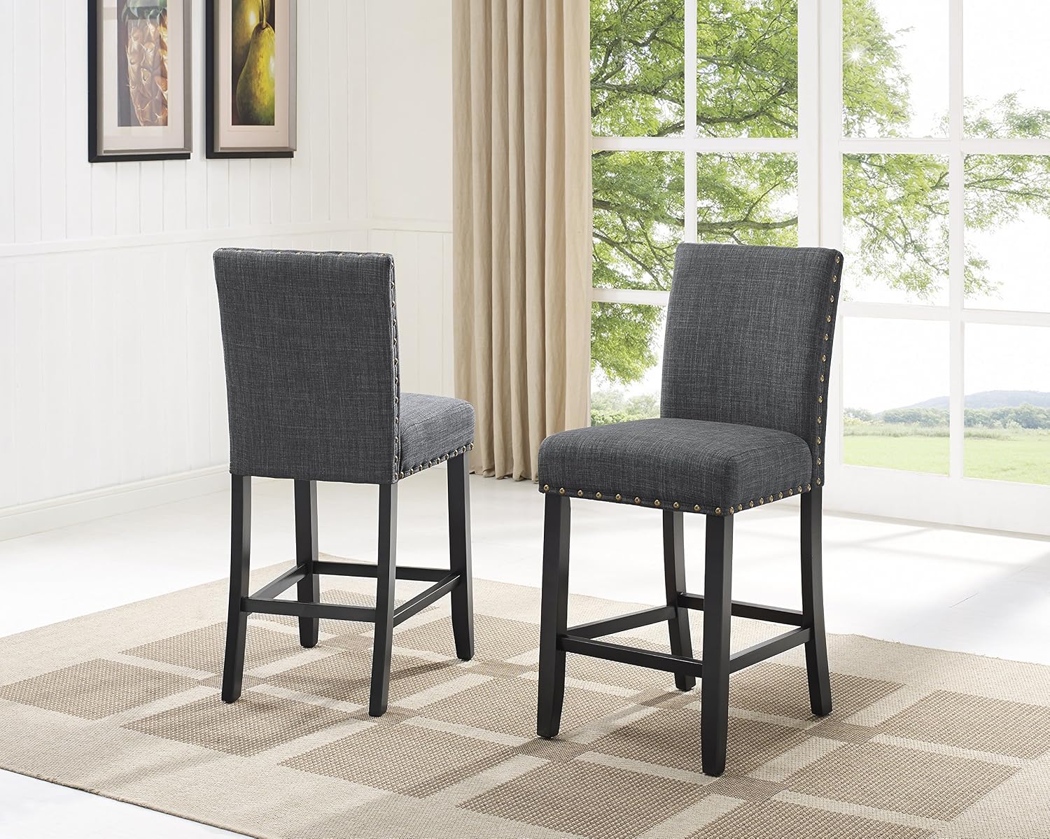 Biony Blue Fabric Counter Height Stools with Nailhead Trim, Set of 2