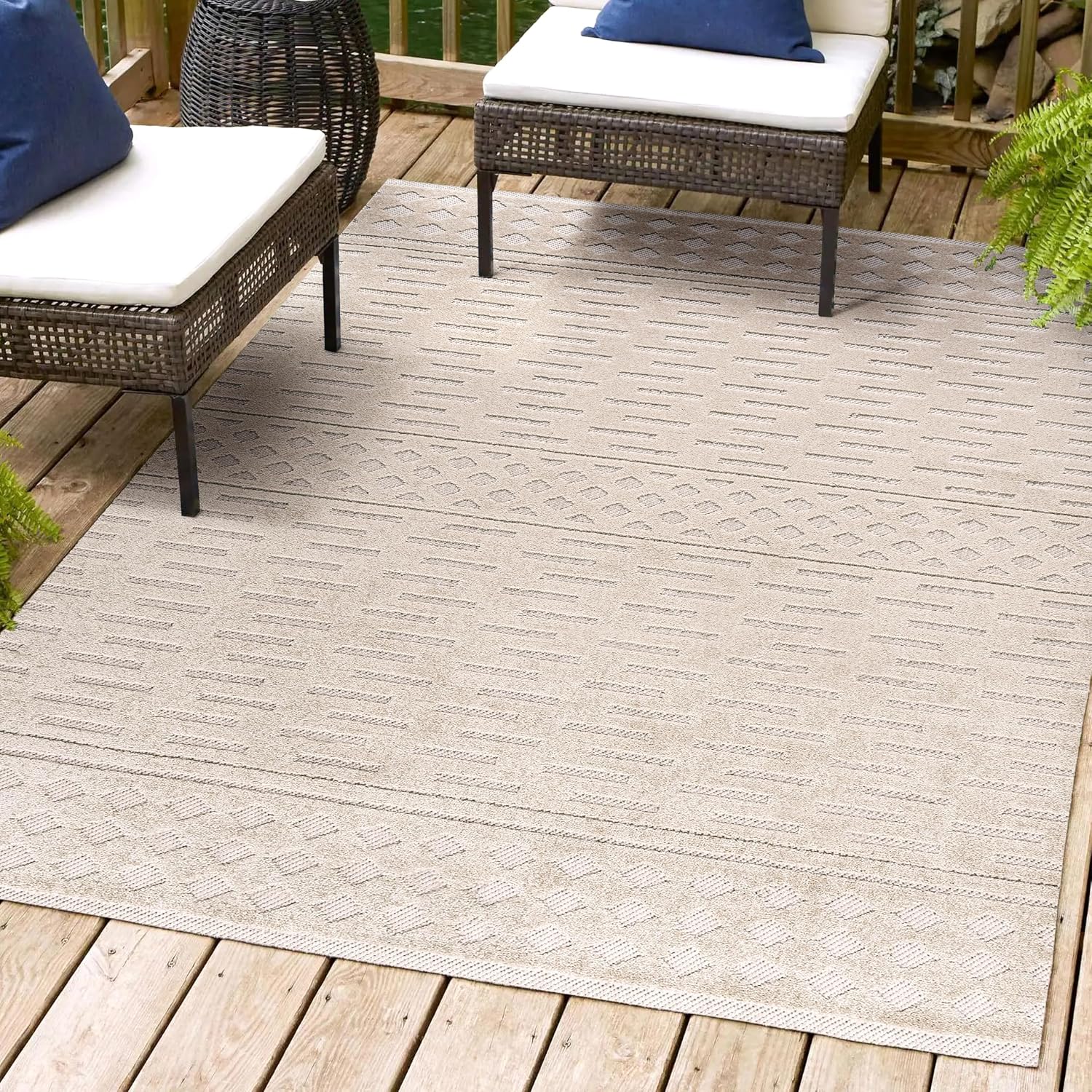 JONATHAN Y Moroccan Geometric Indoor Outdoor Area Rug 3X5 Beige, Xlendi High-Low Pile for Backyard, Patio, Porch, Easy-Cleaning, High Traffic