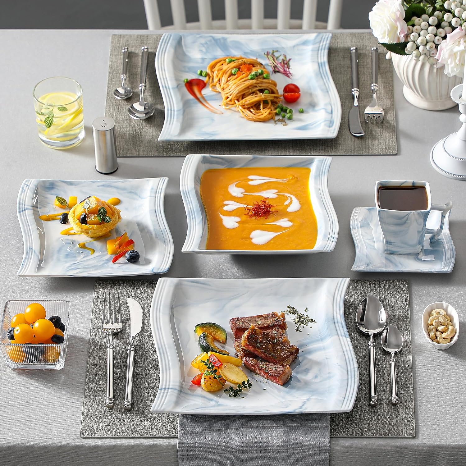 MALACASA Plates and Bowls Sets, 26 Pieces Ivory White Porcelain Dinnerware Sets without Mugs, Square Dinnerware with Dinner Plates, Bowls and Serving Platters, Modern Dish Set for 6, Series Flora