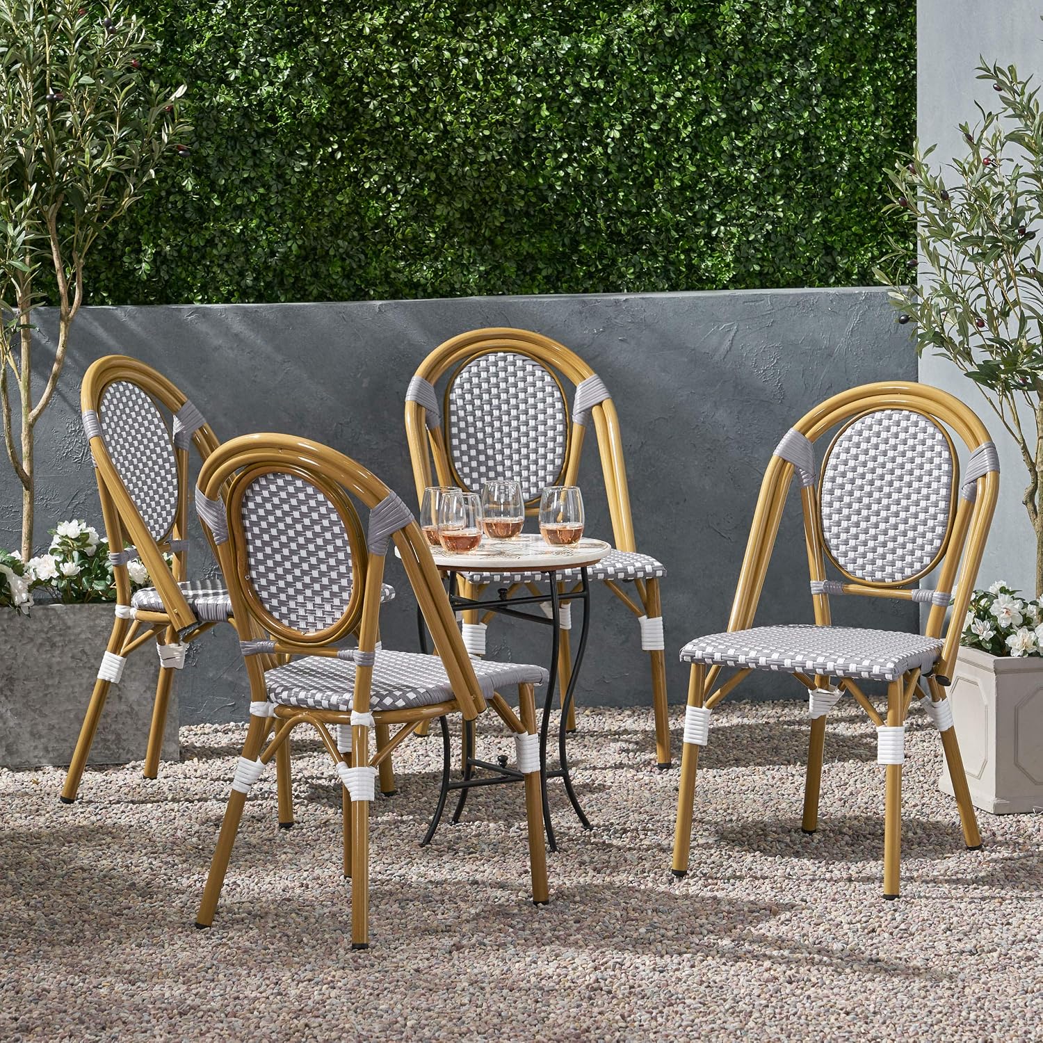 Christopher Knight Home Gwendolyn Outdoor French Bistro Chairs (Set of 4), Black + White + Bamboo Print Finish