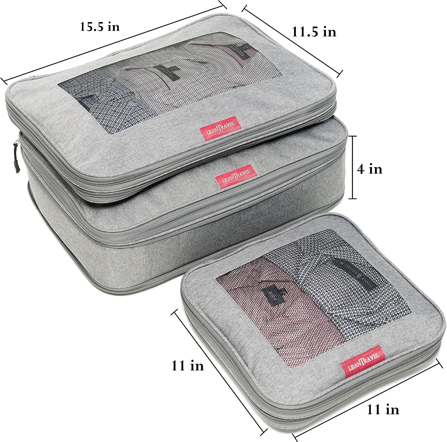 LeanTravel Premium Compression Packing Cubes for Travel - Suitcase Organizer Bags with Double Zipper & Breathable Mesh Panel - Space Saving Carry On Luggage Essentials (6-Pack, Grey)