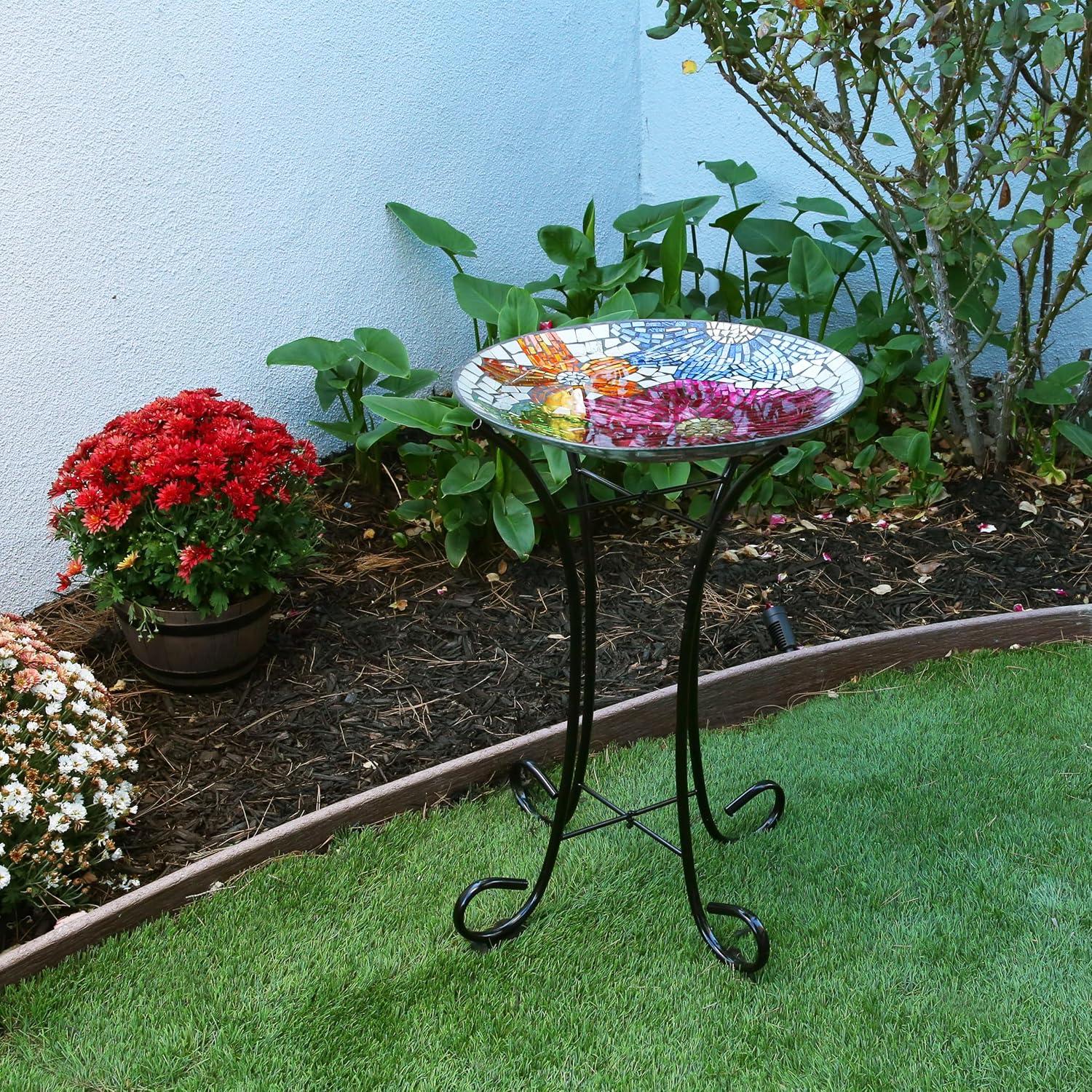 Alpine Corporation 24" Tall Outdoor Floral Mosaic Glass Birdbath with Metal Stand and Detachable 18 Inch Diameter Bowl, Garden Decor