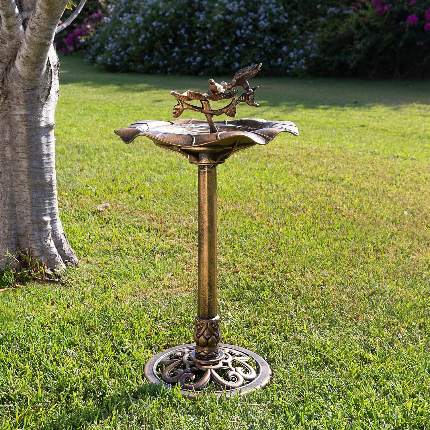 Alpine Corporation 33" Tall Outdoor Lotus Birdbath Yard Statue, Stunning Garden Accent to Attract Birds - Durable Polypropylene Construction for Patio, Deck, or Yard, Green