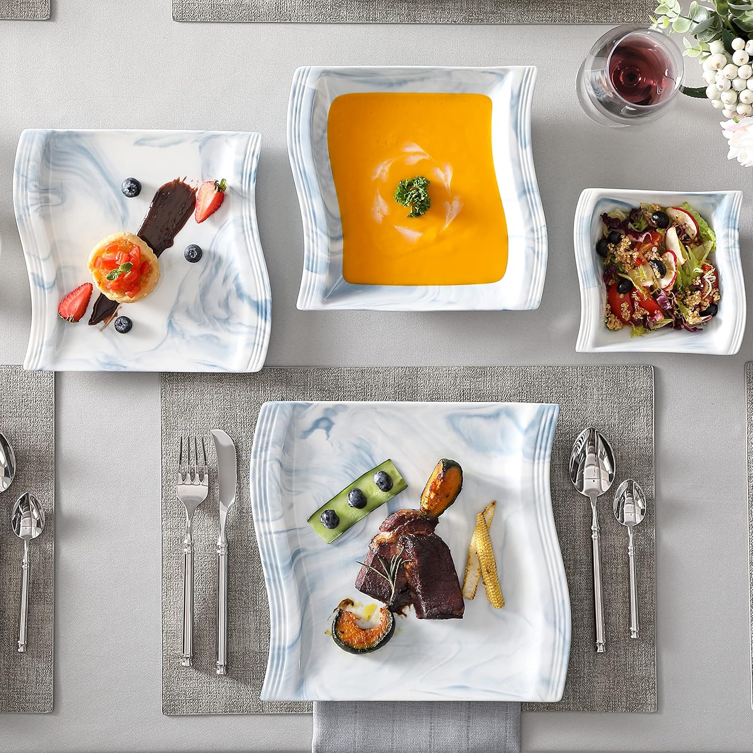 MALACASA Plates and Bowls Sets, 26 Pieces Ivory White Porcelain Dinnerware Sets without Mugs, Square Dinnerware with Dinner Plates, Bowls and Serving Platters, Modern Dish Set for 6, Series Flora