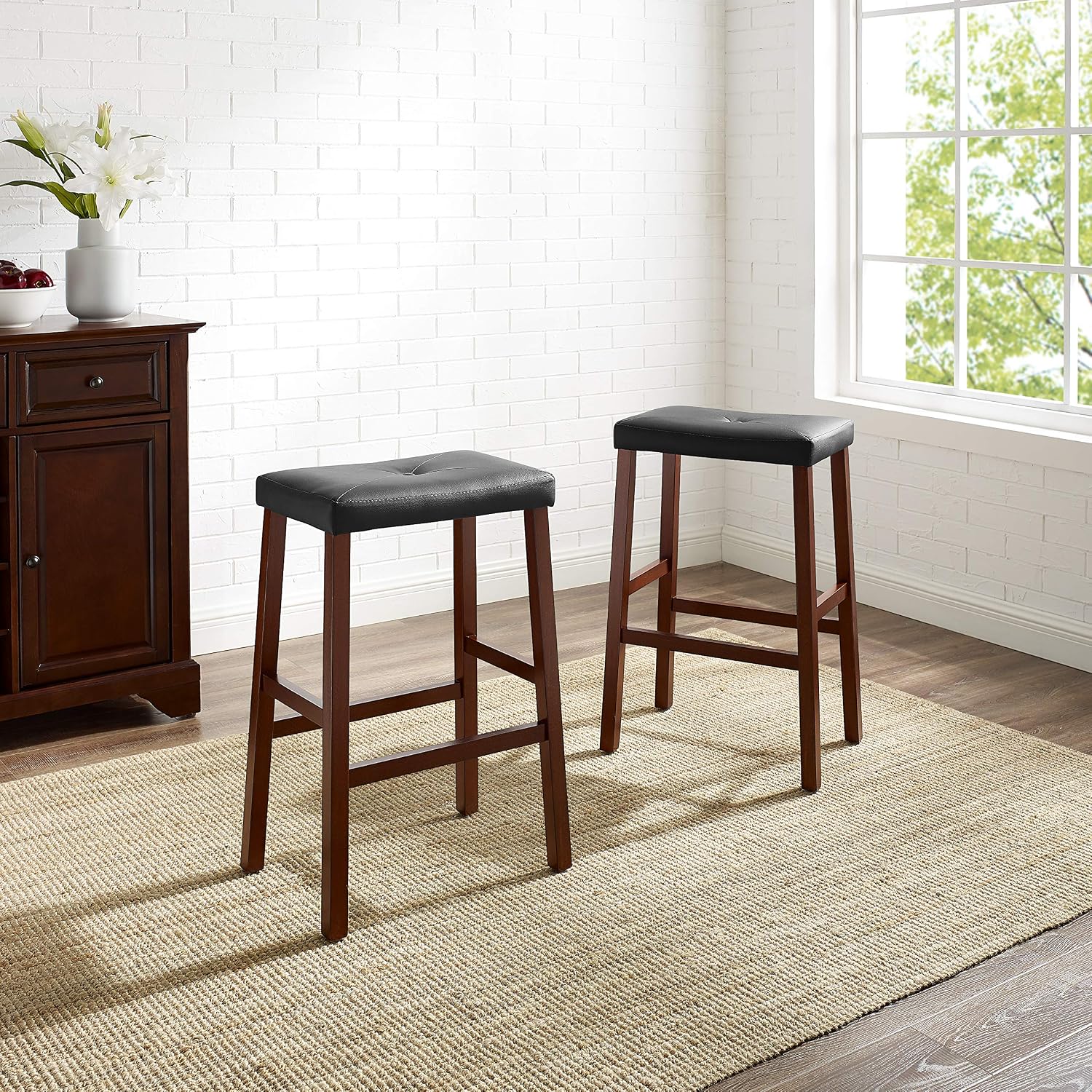 Crosley Furniture Upholstered Saddle Seat Counter Height Bar Stools Set of 2, Black, 24-inch