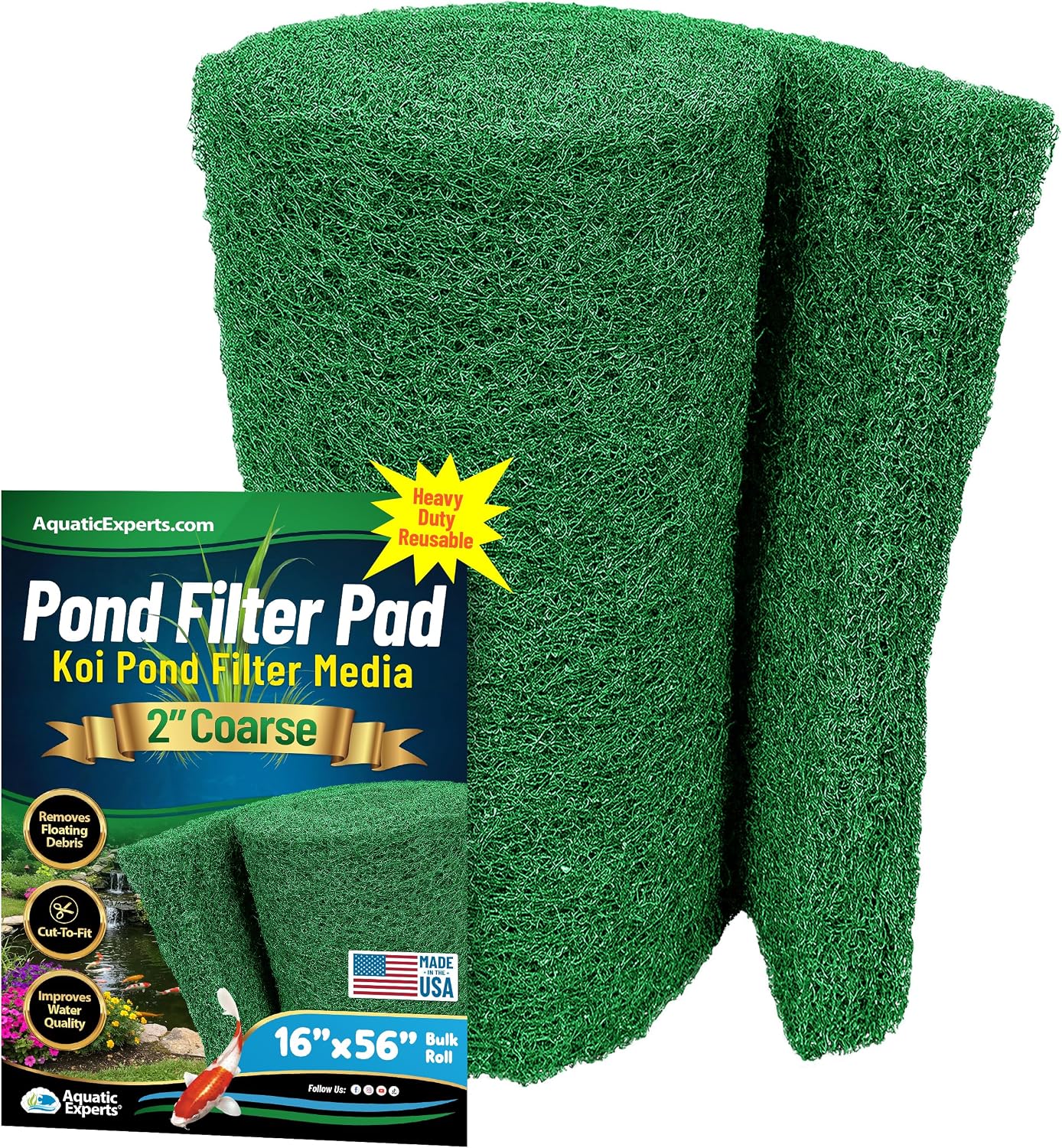 Aquatic Experts Cream COARSE Pond Filter Pad - 2 inch Thick - Bulk Roll Water Garden Filter Pond Media - Made in USA, (12" x 36")