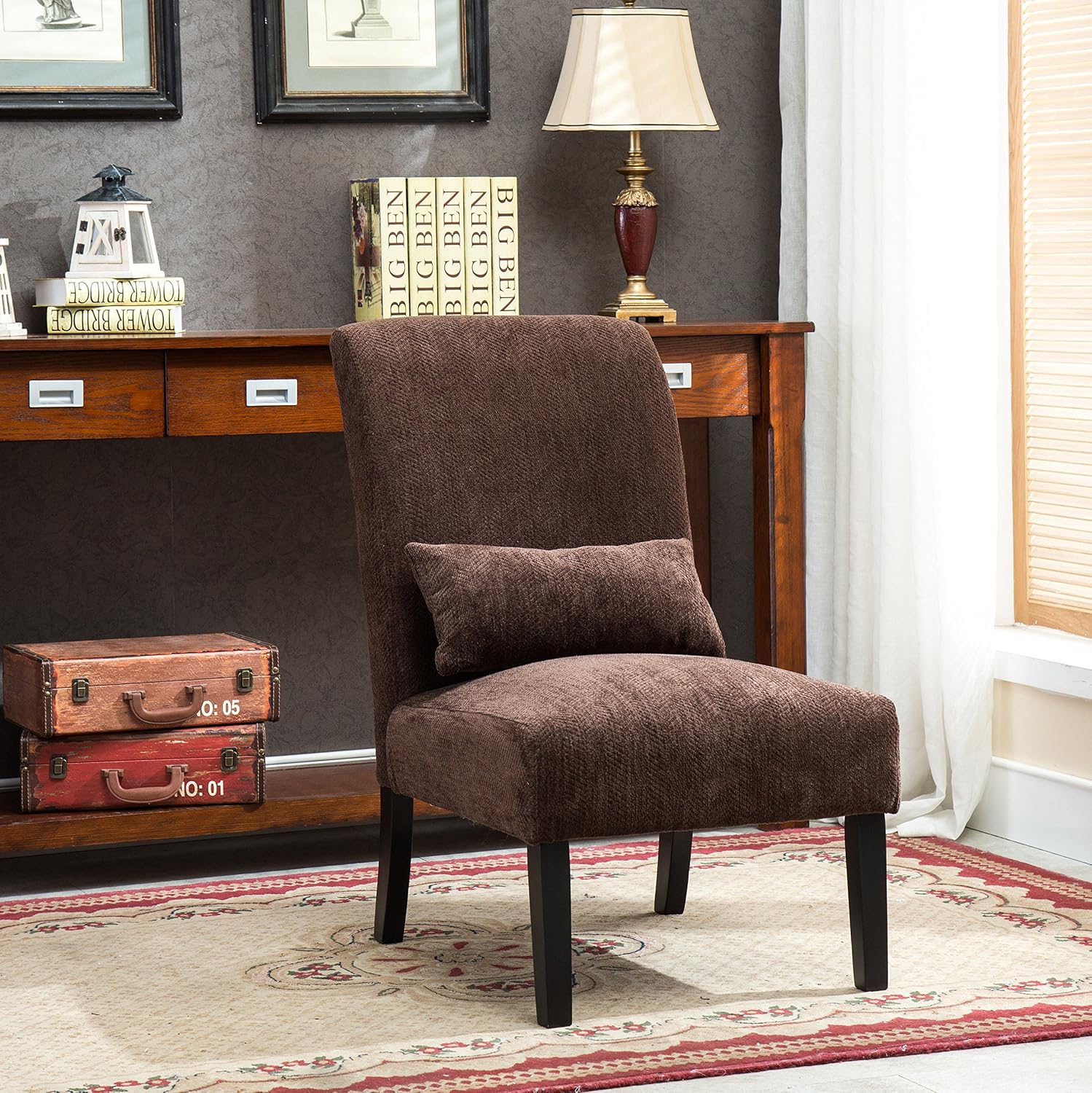 Roundhill Furniture Pisano Teal Blue Fabric Armless Contemporary Accent Chair with Kidney Pillow