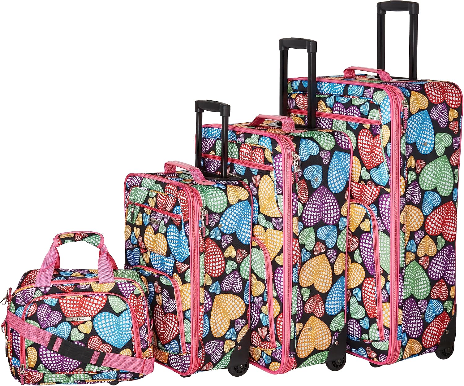 Rockland Fashion Softside Upright Luggage Set,Expandable, Telescopic Handle, Wheel, Black Dot, 2-Piece (14/19)