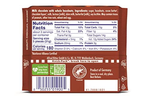 Ritter Sport Chocolate Bars with Nuts (Dark Chocolate with Hazelnuts, 3.5 Ounce (Pack of 10))