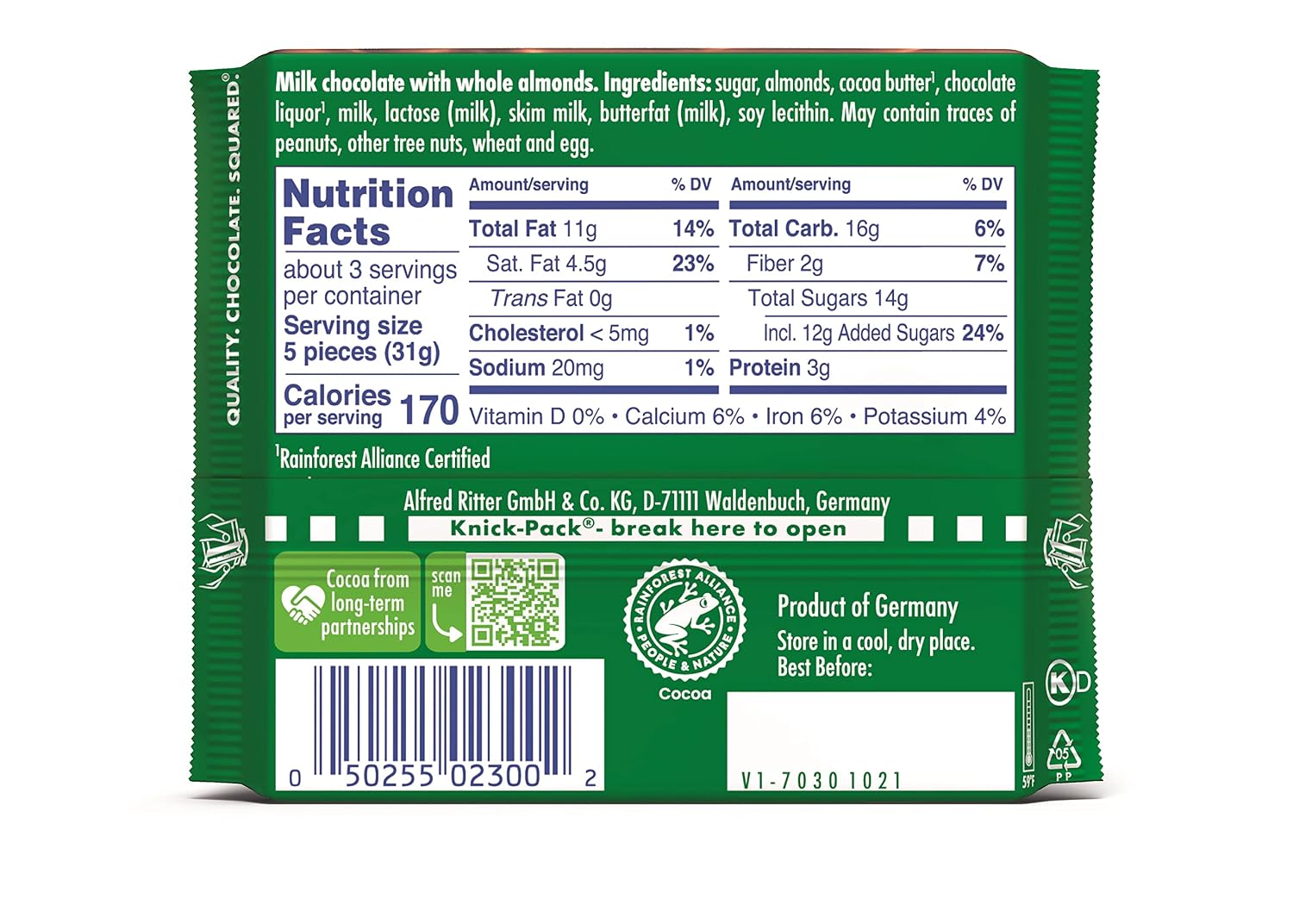 Ritter Sport Chocolate Bars with Nuts (Dark Chocolate with Hazelnuts, 3.5 Ounce (Pack of 10))