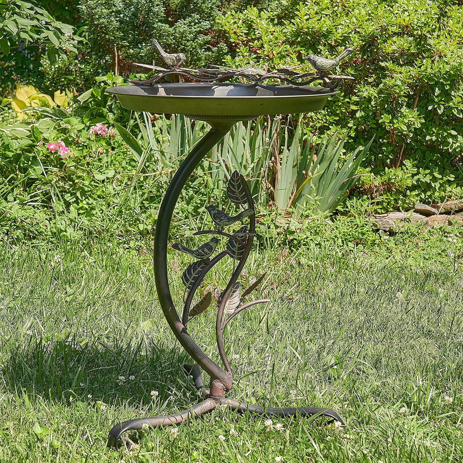 Zaer Ltd. Shallow Birdbath on Curved Branch Stand (Aged Copper Finish)