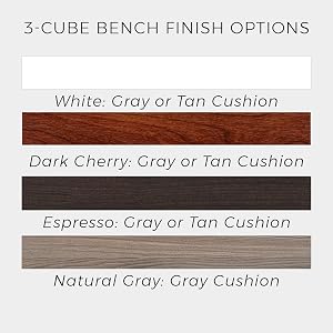Finish and color options for 3 Cube Storage bench white, dark cherry, espresso, natural gray