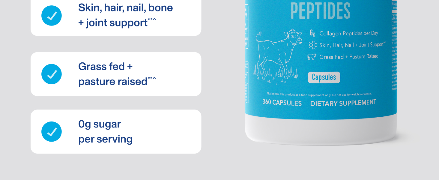 Skin, hair, nail, bone and joint support. Grass fed and pasture raised, with zero sugar