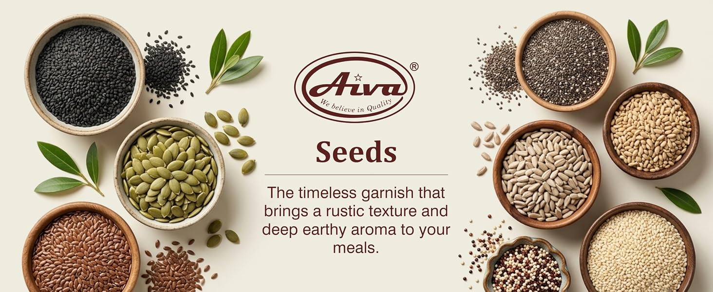 Aiva seeds collection with sesame, quinoa, sunflower, pumpkin, flax, chia, and dhana dal.