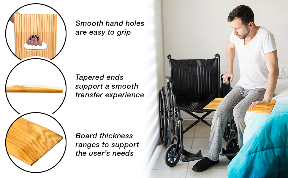 man using transfer board to move from bed to wheelchair, seniors mobility professional or home use