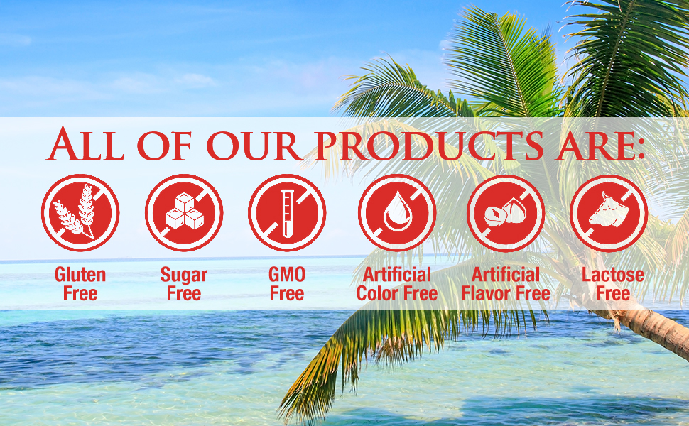 gluten free, sugar free, GMO free, artificial color free, artificial flavor free, and lactose free