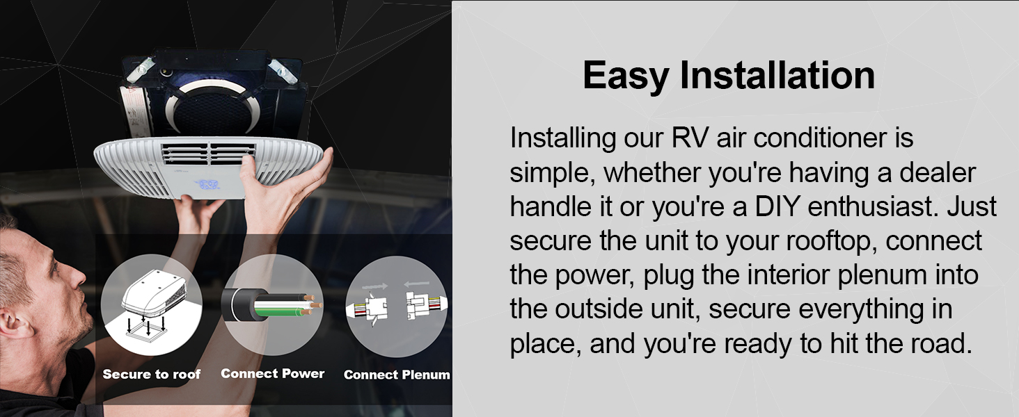 easy installation. secure to roof, connect power, plug in plenum