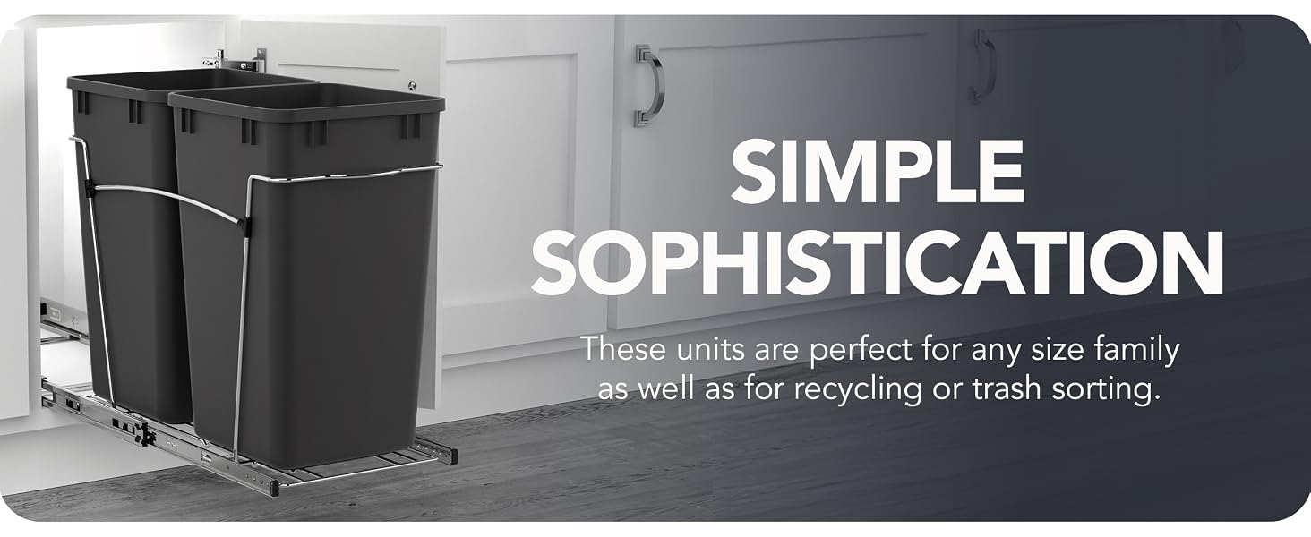 A close-up of a pullout trash can under a counter. Text reads: Simple Sophistication.