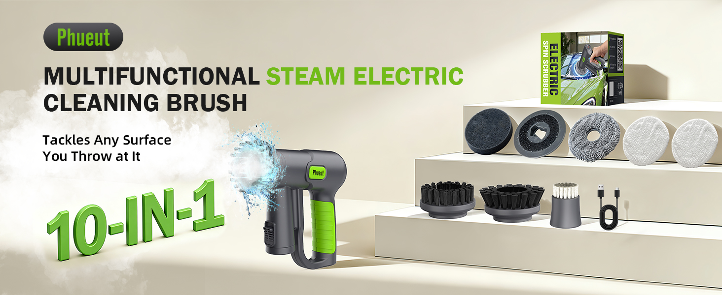 Phueut 10-in-1 Multifunctional Steam Electric Cleaning Brush for Any Surface with Attachments