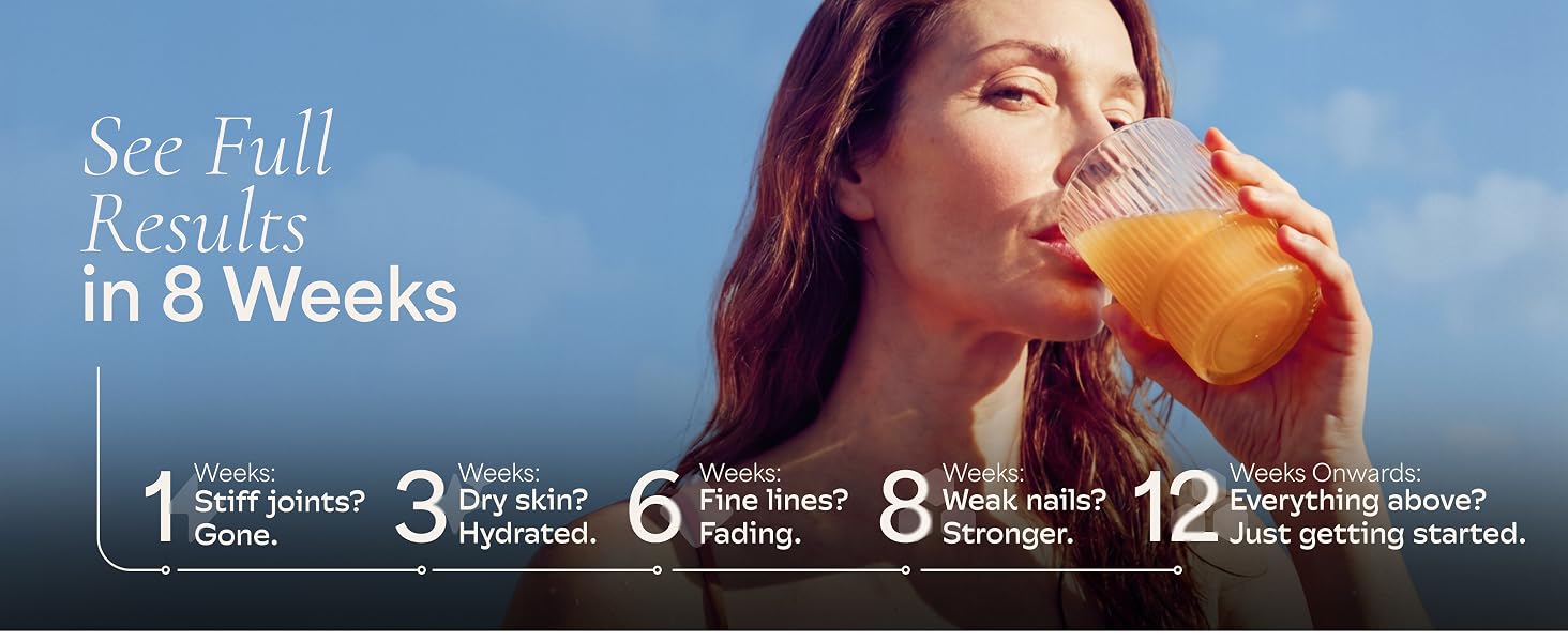 Woman drinking collagen – results timeline: joints, skin, fine lines, nails in 8 weeks