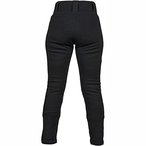 Black fitted pants shown from rear view, featuring tailored design with belt loops and form-fitting cut through legs.