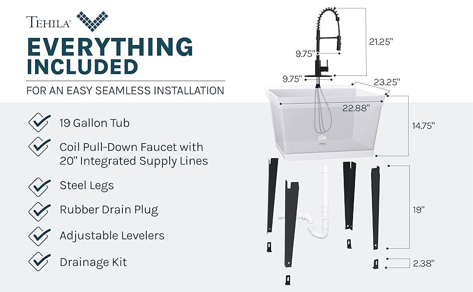 Tehila Utility Sink 19-Gallon Laundry Tub Faucet with Integrated Supply Lines Drainage Kit and Plug