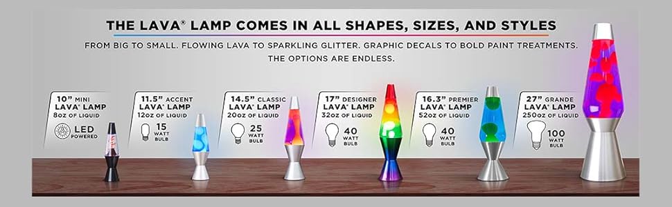 LAVA Lamp sizes mini, accent, classic, designer, premier, grande