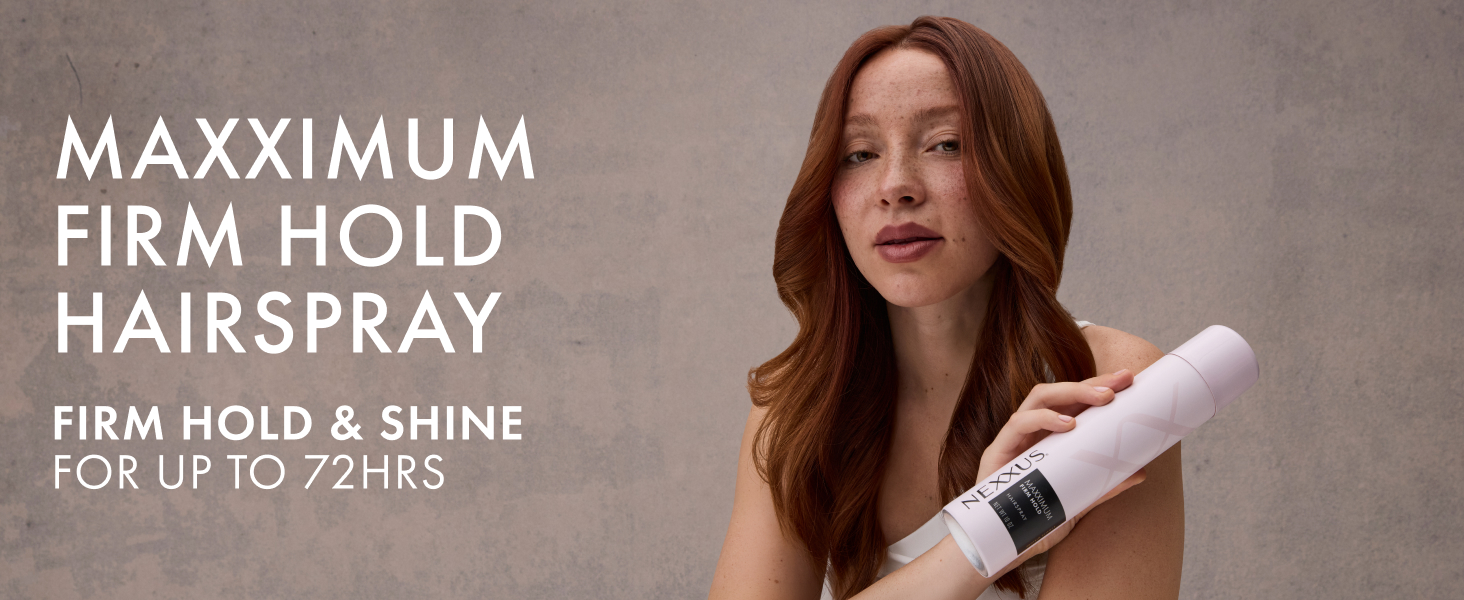 Woman with wavy hair holding a Nexxus bottle next to text highlighting product benefits.