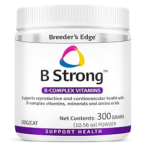 Breeder’s Edge B Strong B-complex vitamin powder supplement container for dogs and cats