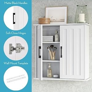 cabinet displayed on wall. includes matte black handles, soft close hinges and wall mount template