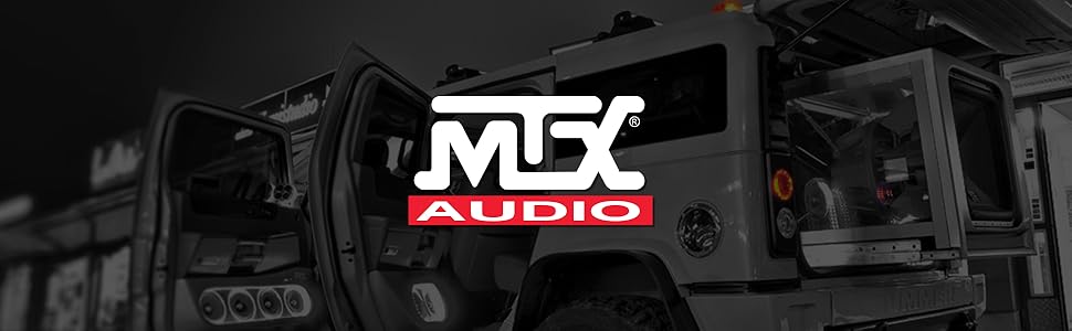 Logo of MTX Audio displayed on a black and white, showcasing a sleek design and bold branding.