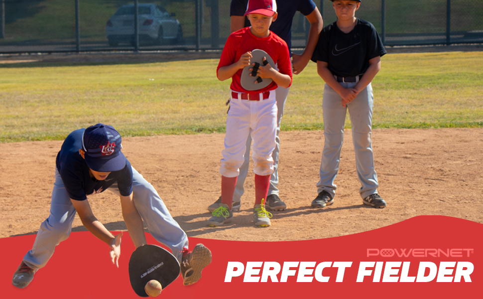 youth player using powernet's perfect fielder tool to improve fielding skills, hand-eye coordination