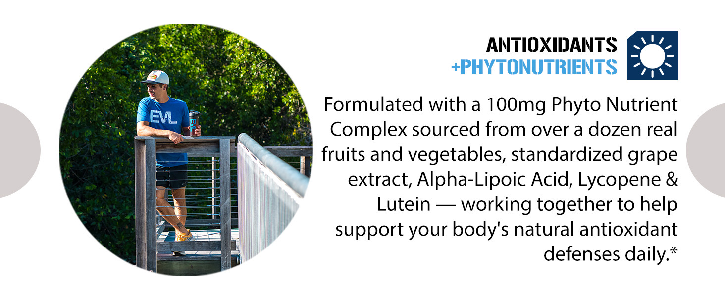 Male athlete on boardwalk with shaker. Vitamode antioxidants and phytonutrients from real produce.*