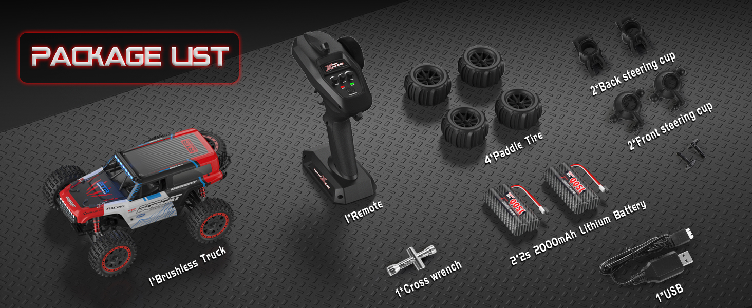 Package contents: No excessive disassembly. Our high-speed RC car comes fully assembled.​​