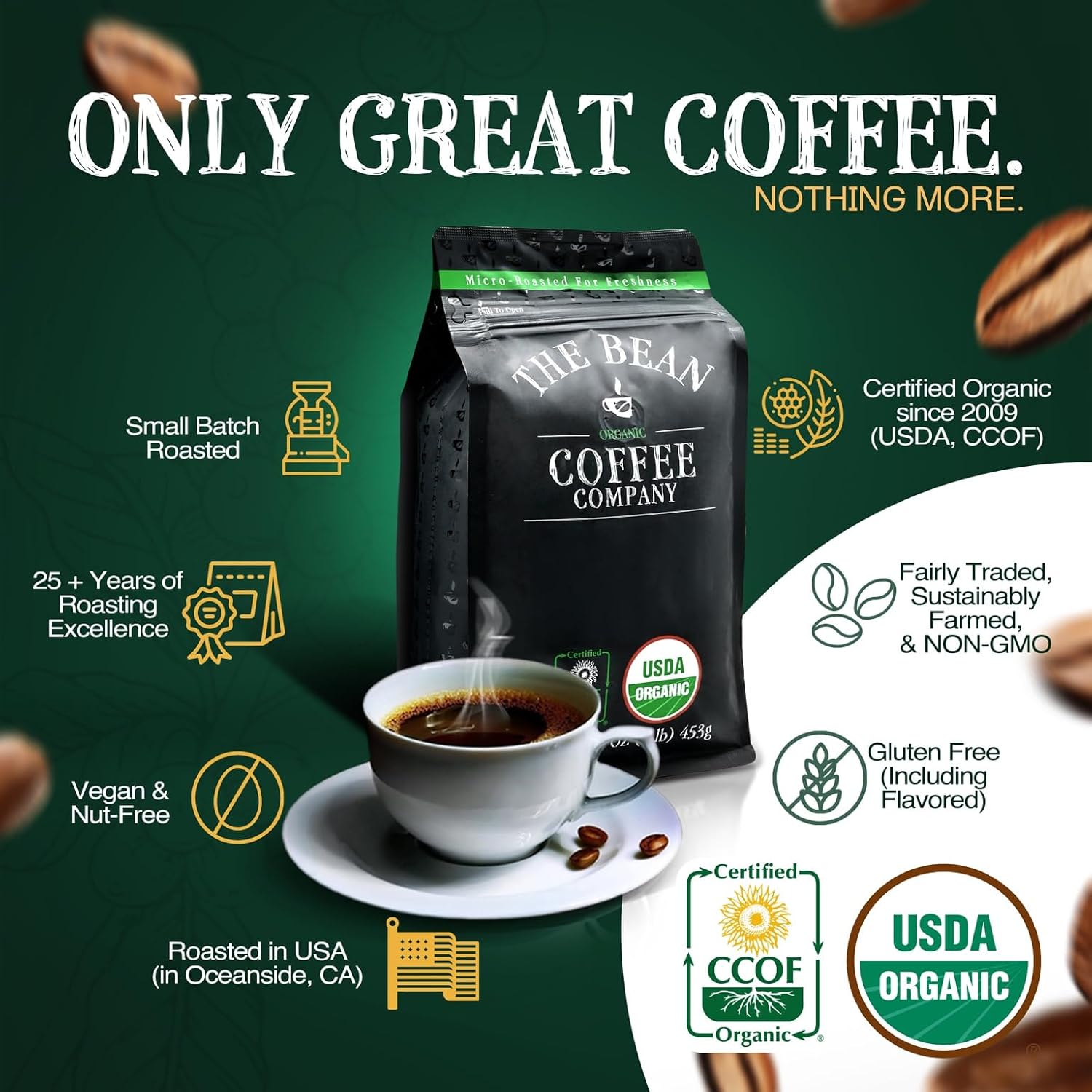 The Bean Organic Coffee Company Le Bean, Dark French Roast, Whole Coffee, 16-Ounce Bag