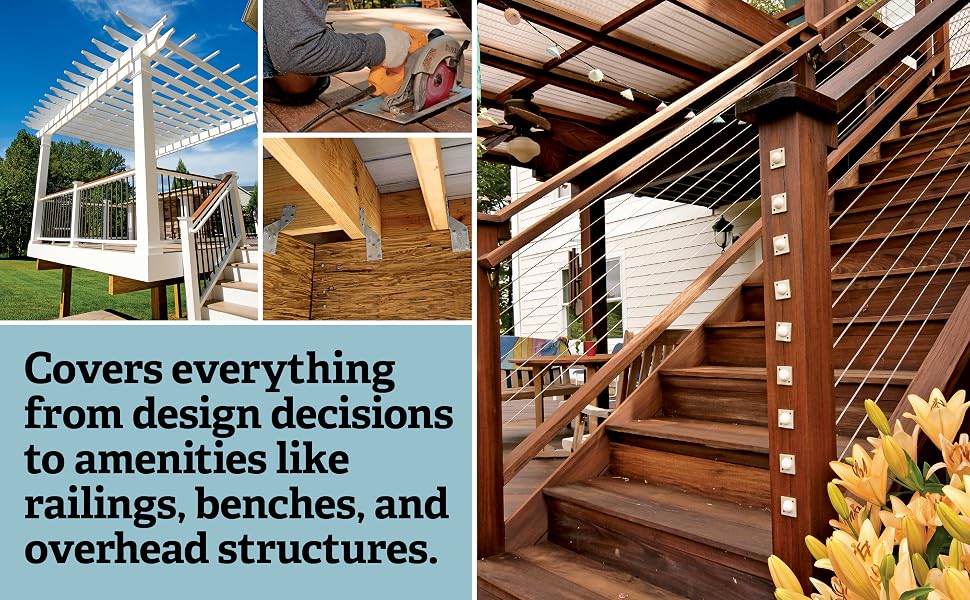 Photos of a white pergola, a circular saw cutting and metal joists. A staircase with cable railing.