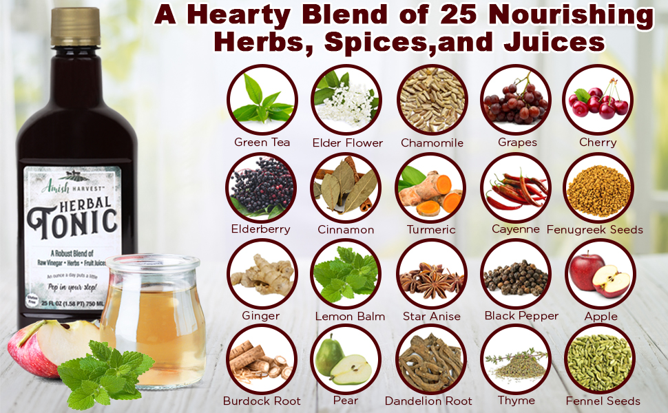 bottle of raw unfiltered apple cider vinegar tonic around a luscious blend of botanicals