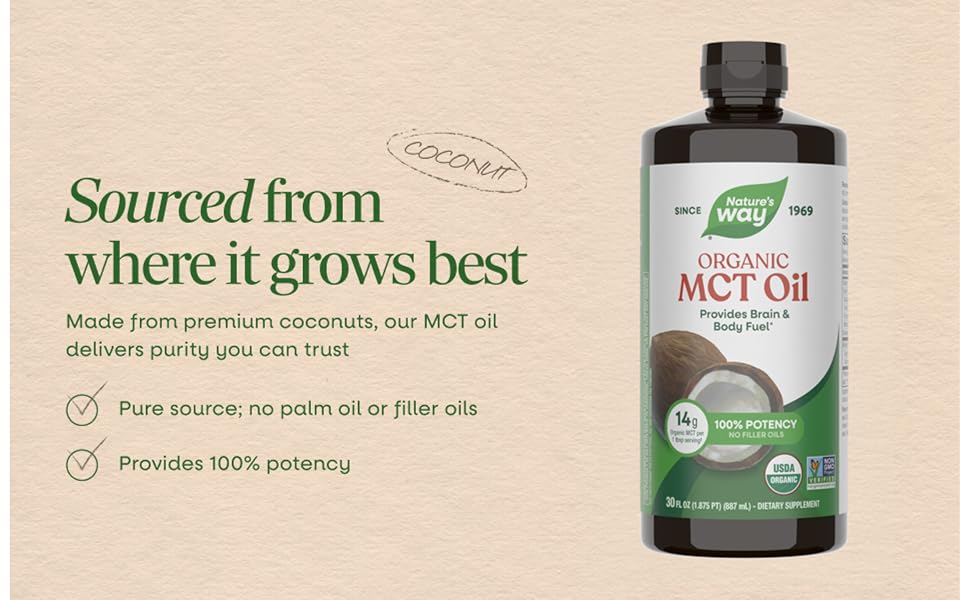 Bottle of Organic MCT Oil next to text