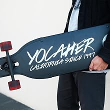 A guy holding Yocaher Aluminum longboard
