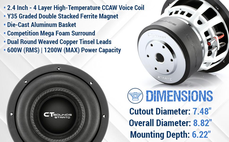 8 in sub car audio 8 inch subwoofer powerful 600 watts rms 1200 watts max power