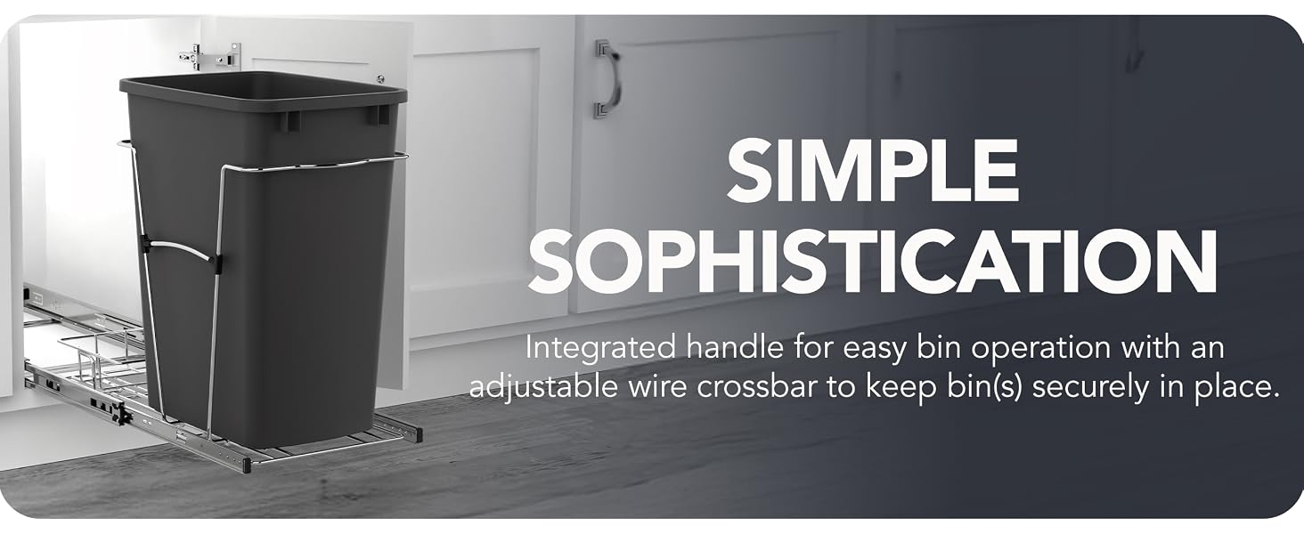 A close-up of a pullout trash can under a counter. Text reads: Simple Sophistication.