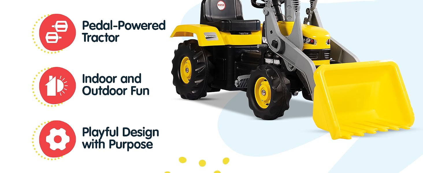 Kids’ pedal tractor for indoor and outdoor play.