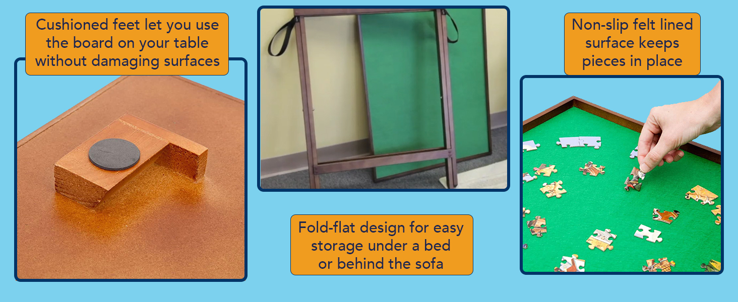 non-slip non-marking pads on bottom, folds flat for storage, non-slip felt puzzing surface