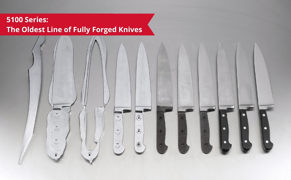 Kitchen knife set, forged knives, ergonomic design, Mundial cutlery.