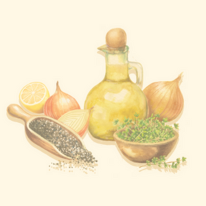 image of salad dressing ingredients including oil, onions, lemons, and seasonings