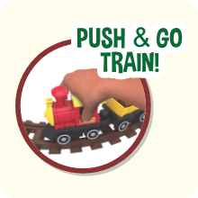 hand pushing a train on the track
