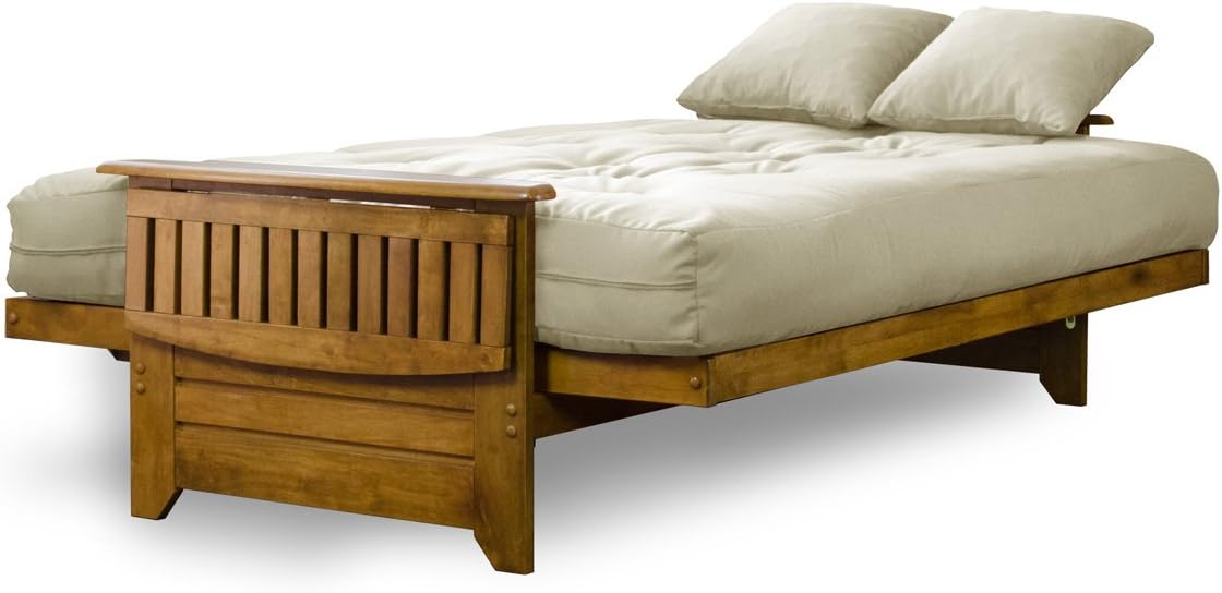 Brentwood Tray Arm Futon Sofabed Set - Queen Frame, 8" Microfiber Fudge Mattress, Heritage Finish