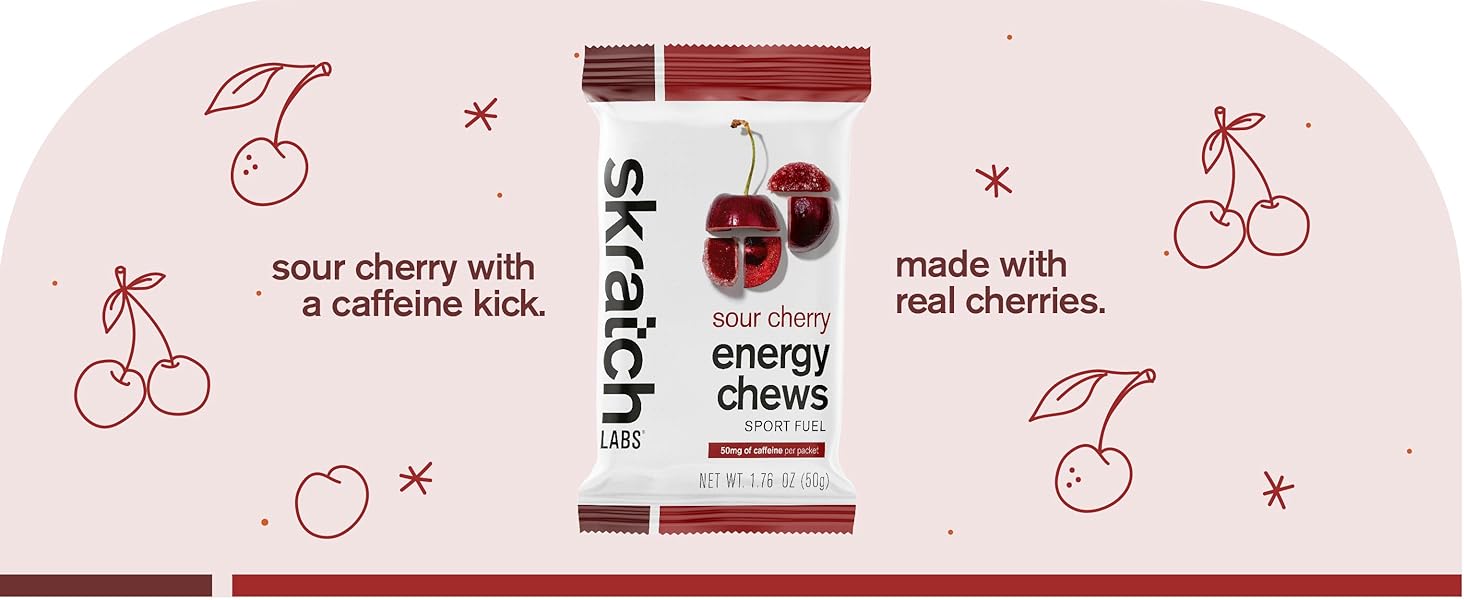 Skratch Energy Chews- Sour Cherry- Smooth, sweet, with a caffeine boost. Made with real cherries