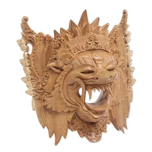 NOVICA Handmade Wood Barong Bangkal Mask Hecha a mano Mascarilla Banco Madera Máscara de pared